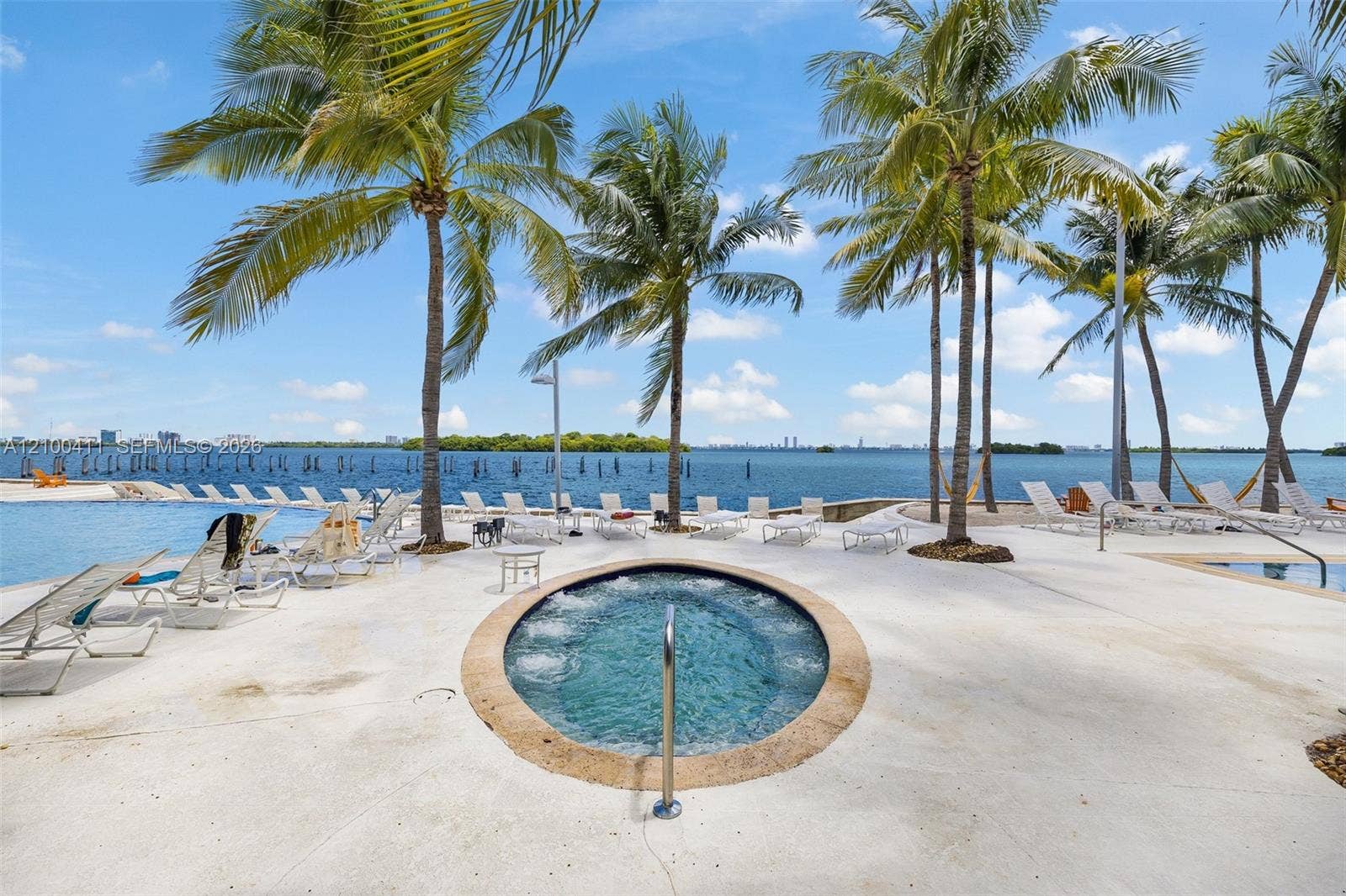Waterfront outdoor space featuring a circular spa, concrete decking, mature palm trees, and an infinity-edge swimming pool