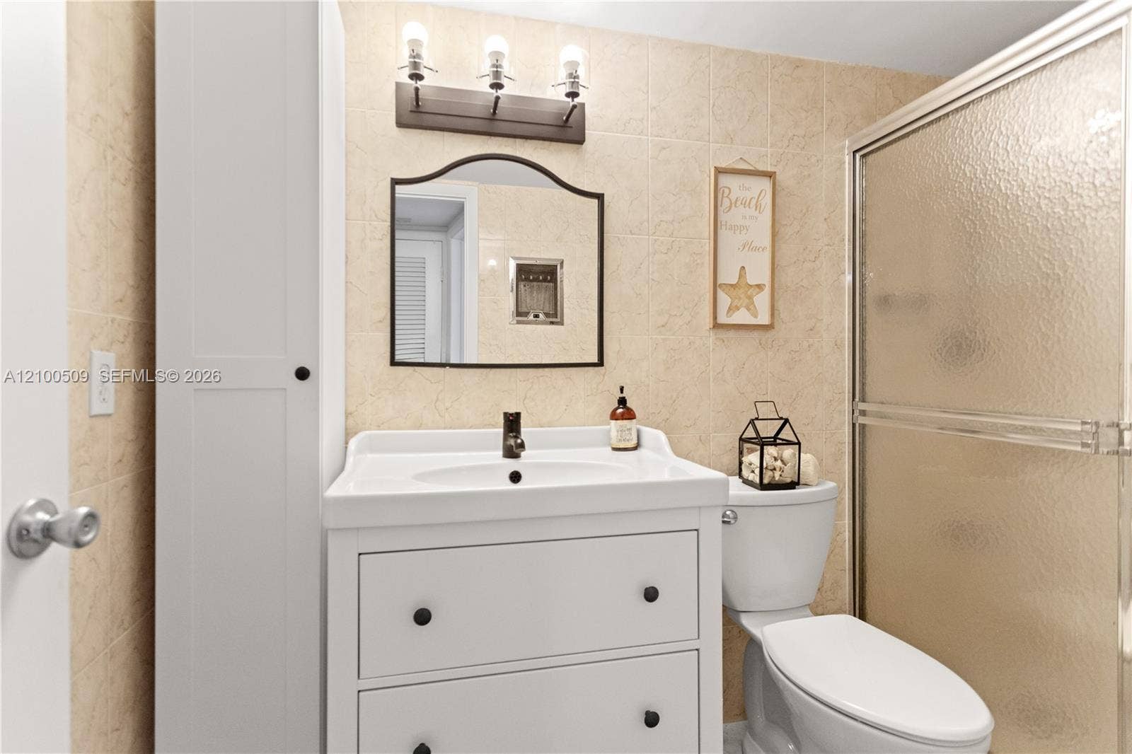 white vanity with integrated sink