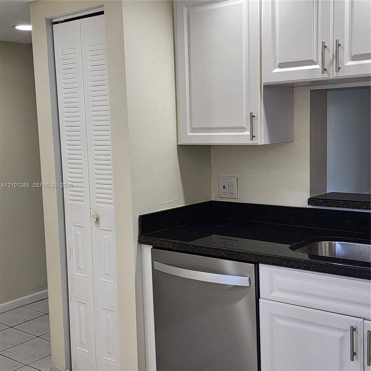 Kitchen featuring white cabinetry with brushed metal hardware, dark solid-surface countertops, a stainless steel dishwasher, and a full-height louvered door storage closet