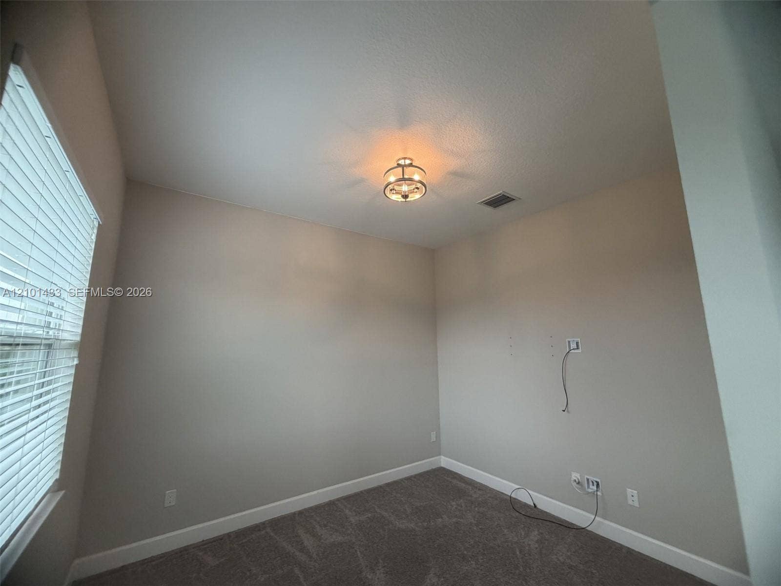 Neutral wall tones, carpeted flooring, window blinds, and a ceiling-mounted light fixture