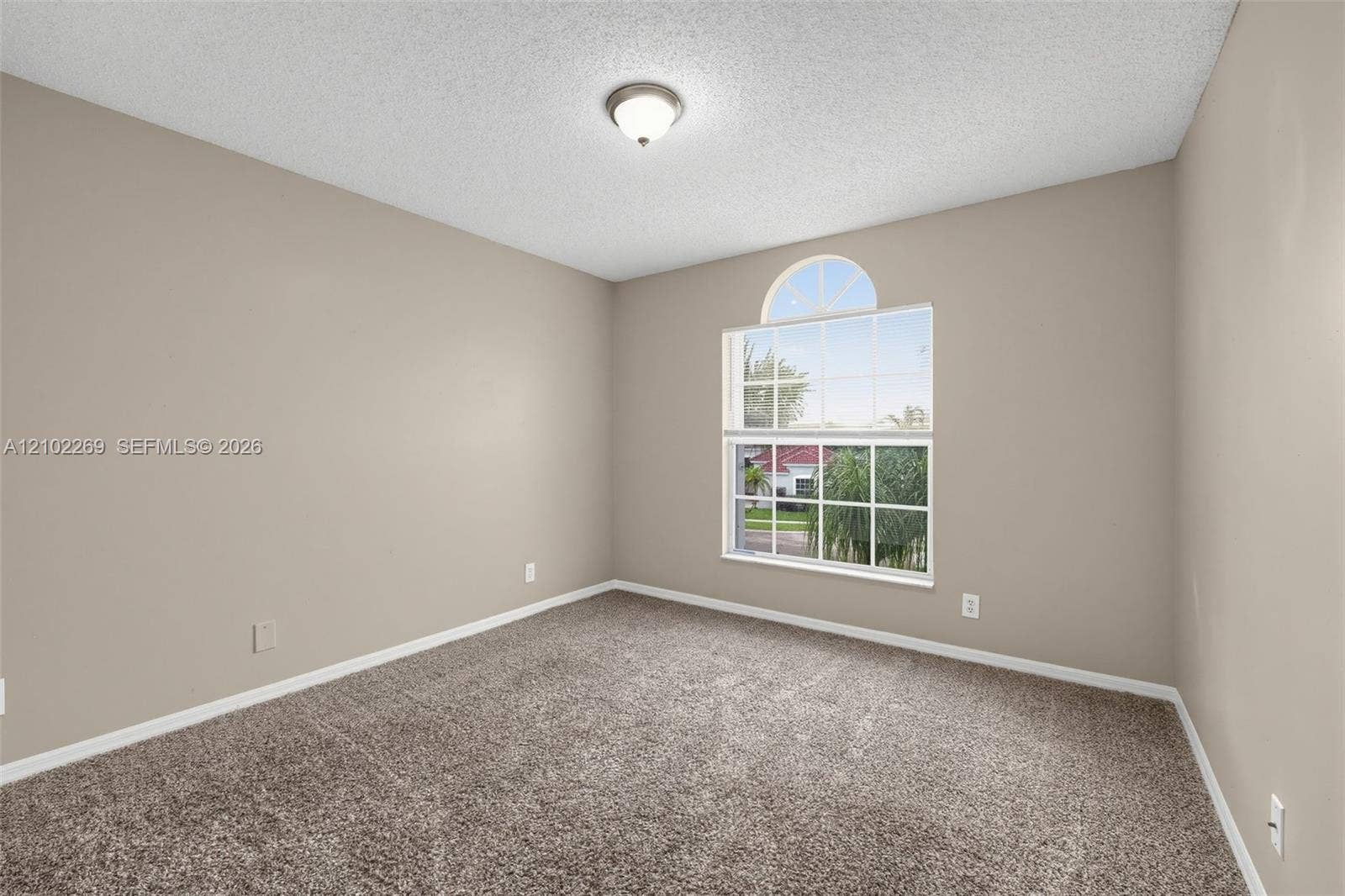 Interior space featuring neutral wall paint, wall-to-wall carpeting, an arched window with a grid pattern, and a central ceiling-mounted light fixture