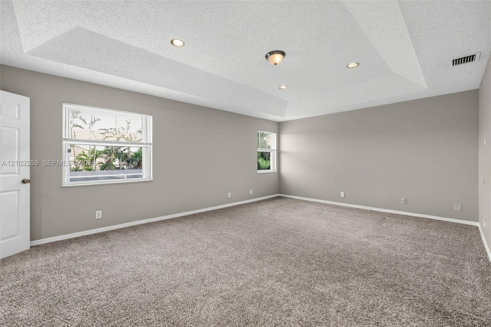 Tray ceiling with recessed lighting, neutral interior paint, wall-to-wall carpeting, and double-pane windows