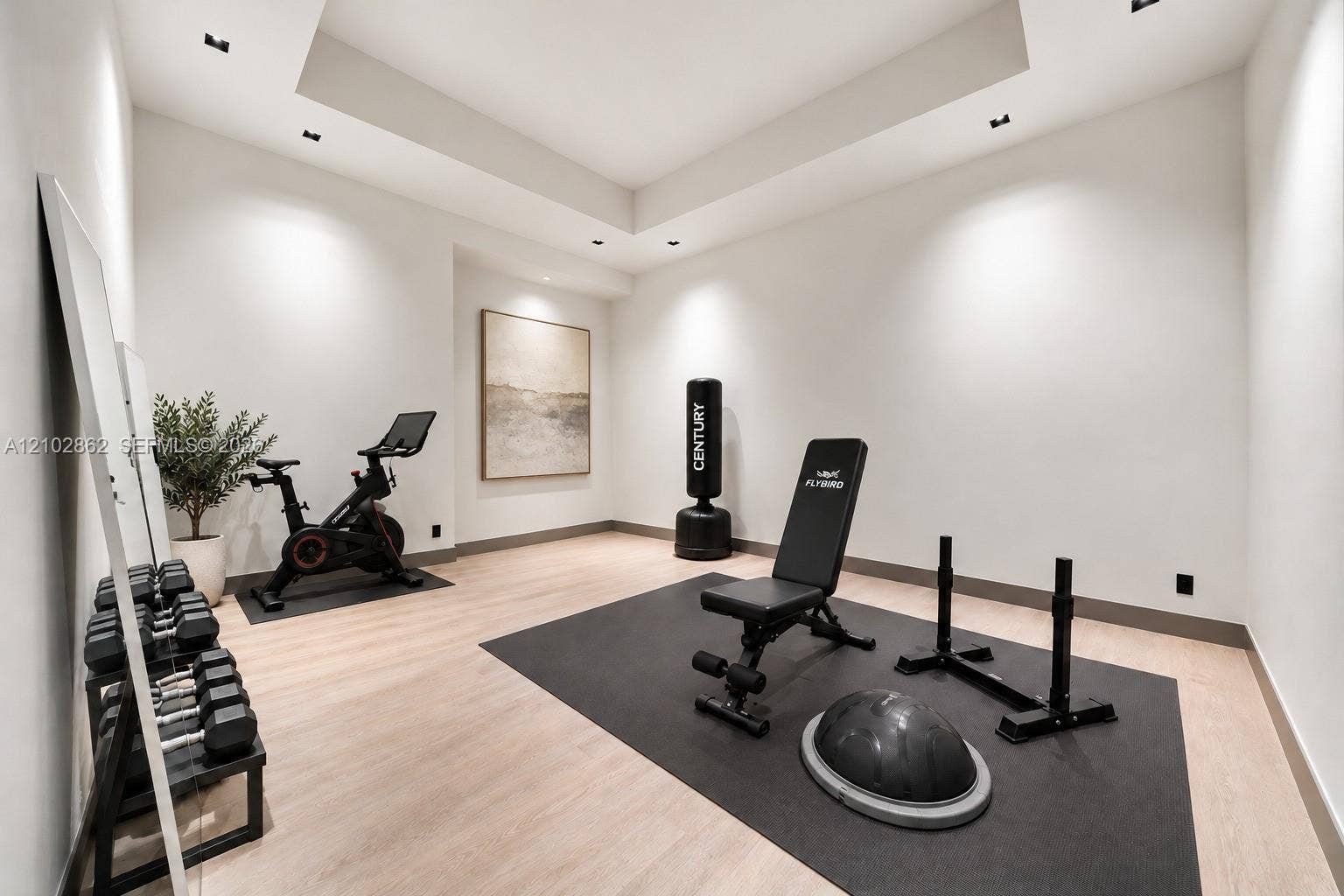 Neutral interior room featuring wood-finish flooring, recessed ceiling lighting, and a recessed tray ceiling detail