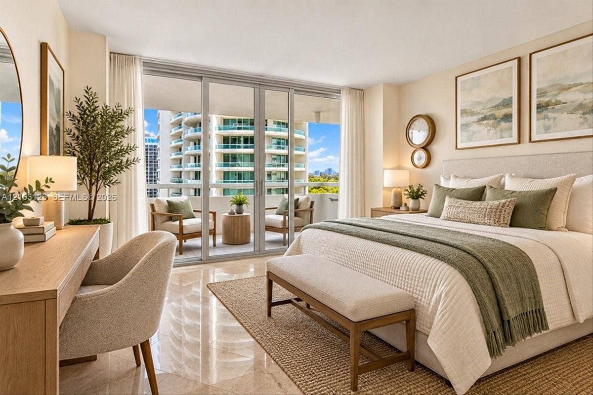 1627 Brickell Avenue, #2005, Miami, FL 33129 Floor-to-ceiling sliding glass doors, private balcony, neutral-toned polished stone flooring, and expansive windows
