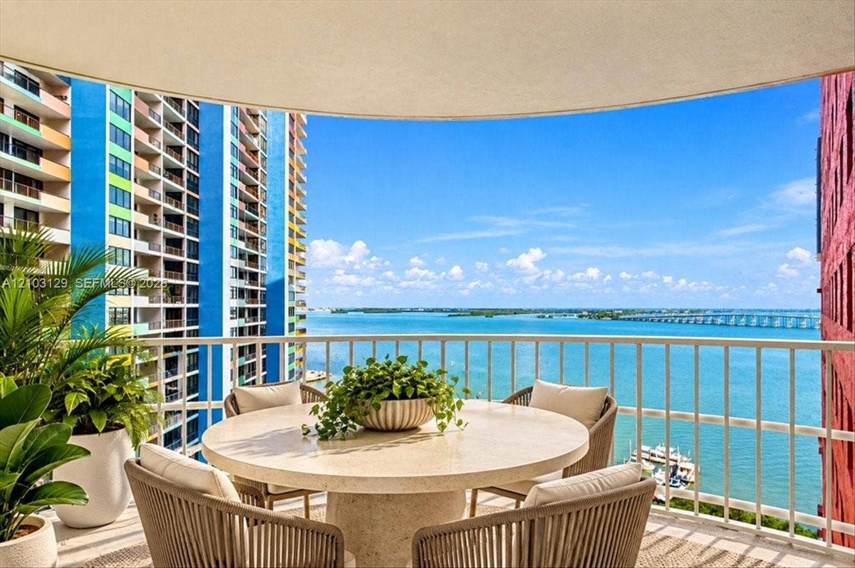 1627 Brickell Avenue, #2005, Miami, FL 33129 Covered balcony featuring white metal railings and expansive water, bridge, and coastal horizon scenery