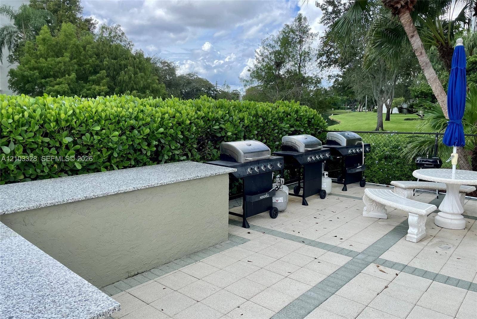 Outdoor patio featuring a stone-topped bar, paved flooring with decorative border inlay, and tall hedge perimeter