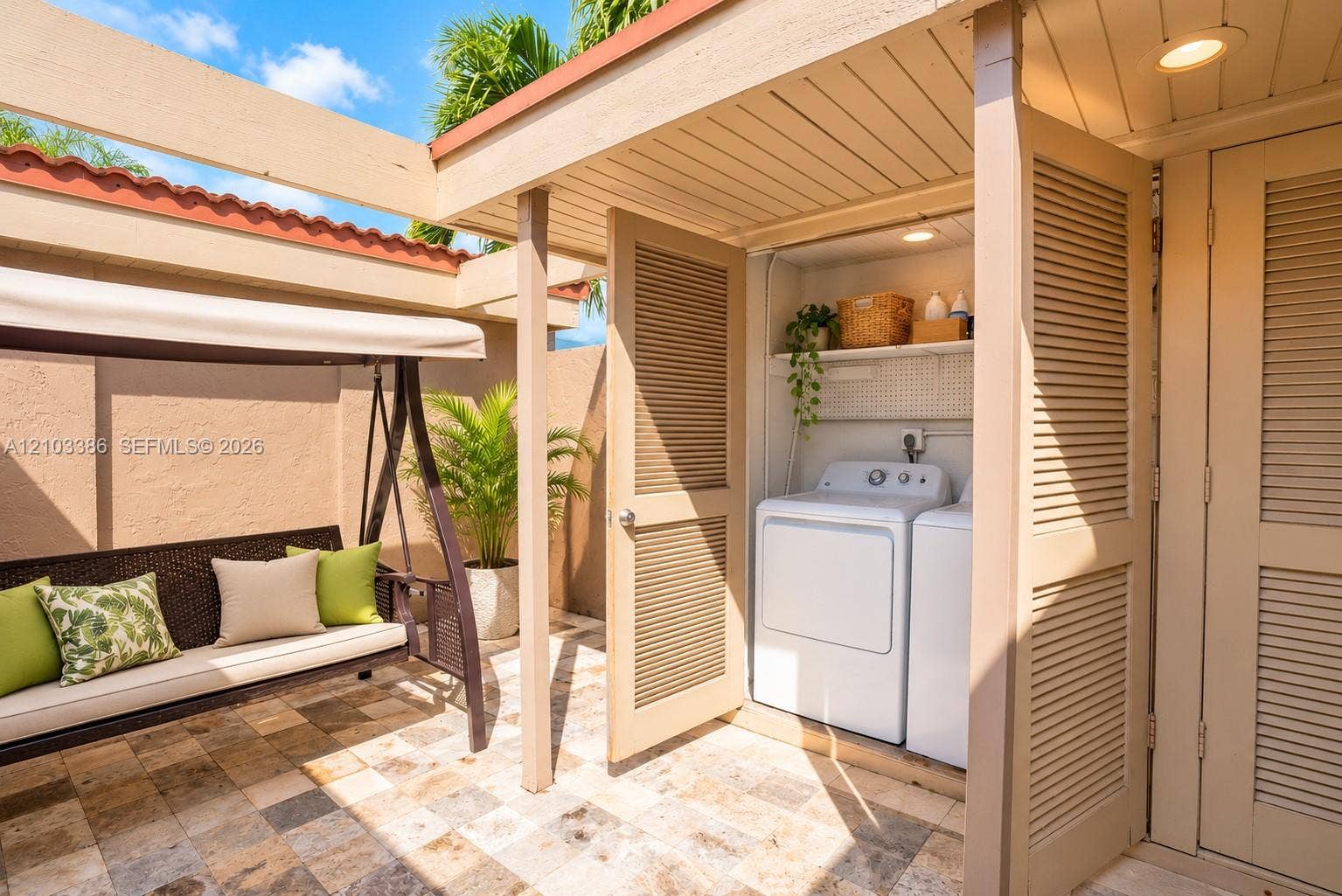 Laudry is in courtyard. yYou can sip your coffee and relax in the courtyard until laundry is finished.