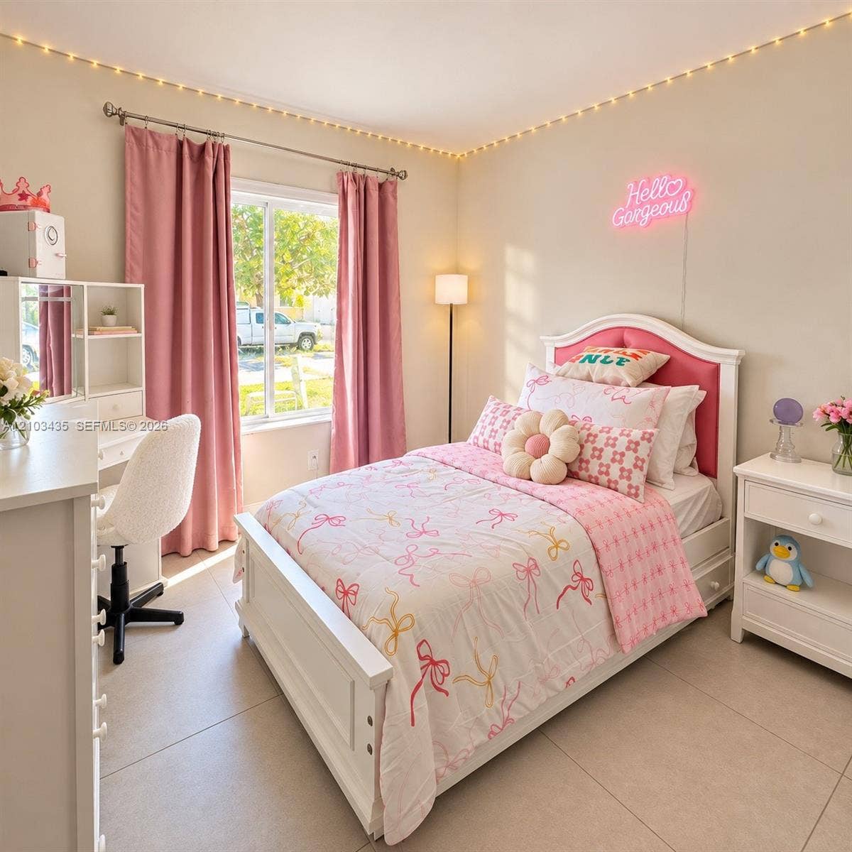 Miami, FL 33177 Neutral-toned ceramic tile flooring, single-pane window with brushed metal curtain rod, and recessed ceiling perimeter lighting
