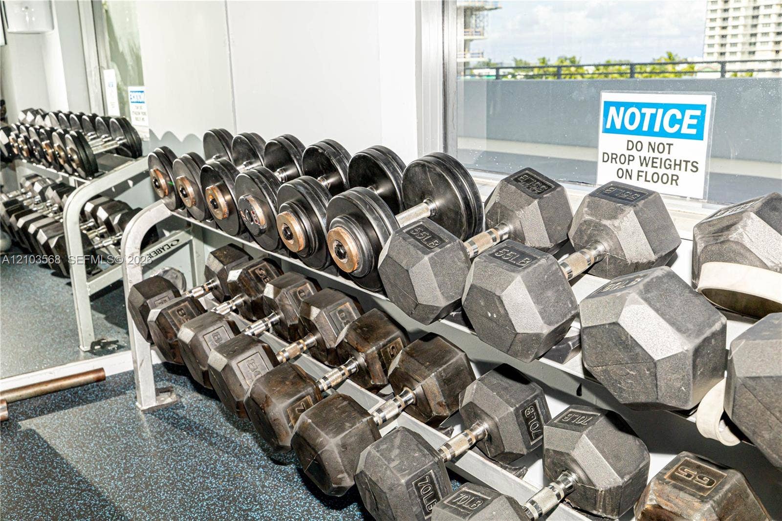 7901 Hispanola Avenue, #801, North Bay Village, FL 33141 Fitness area featuring a multi-tier dumbbell rack with a comprehensive selection of metal hexagonal weights and rubberized flooring