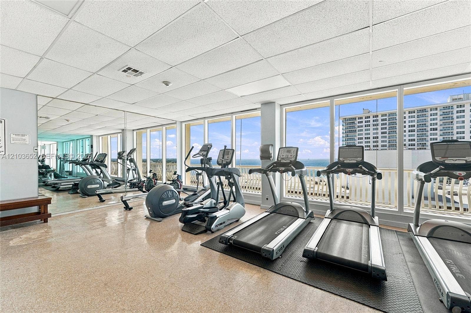 Fitness room featuring floor-to-ceiling windows, full-length wall mirrors, and resilient flooring
