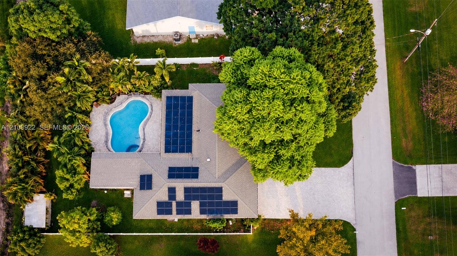 Curved swimming pool, multiple solar panels, mature trees, and a paved driveway