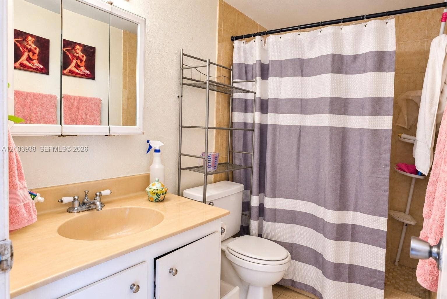 11335 SW 71st Lane, Miami, FL 33173 Bathroom featuring a vanity with integrated sink, dual-handle faucet, tri-fold medicine cabinet, and tile shower enclosure