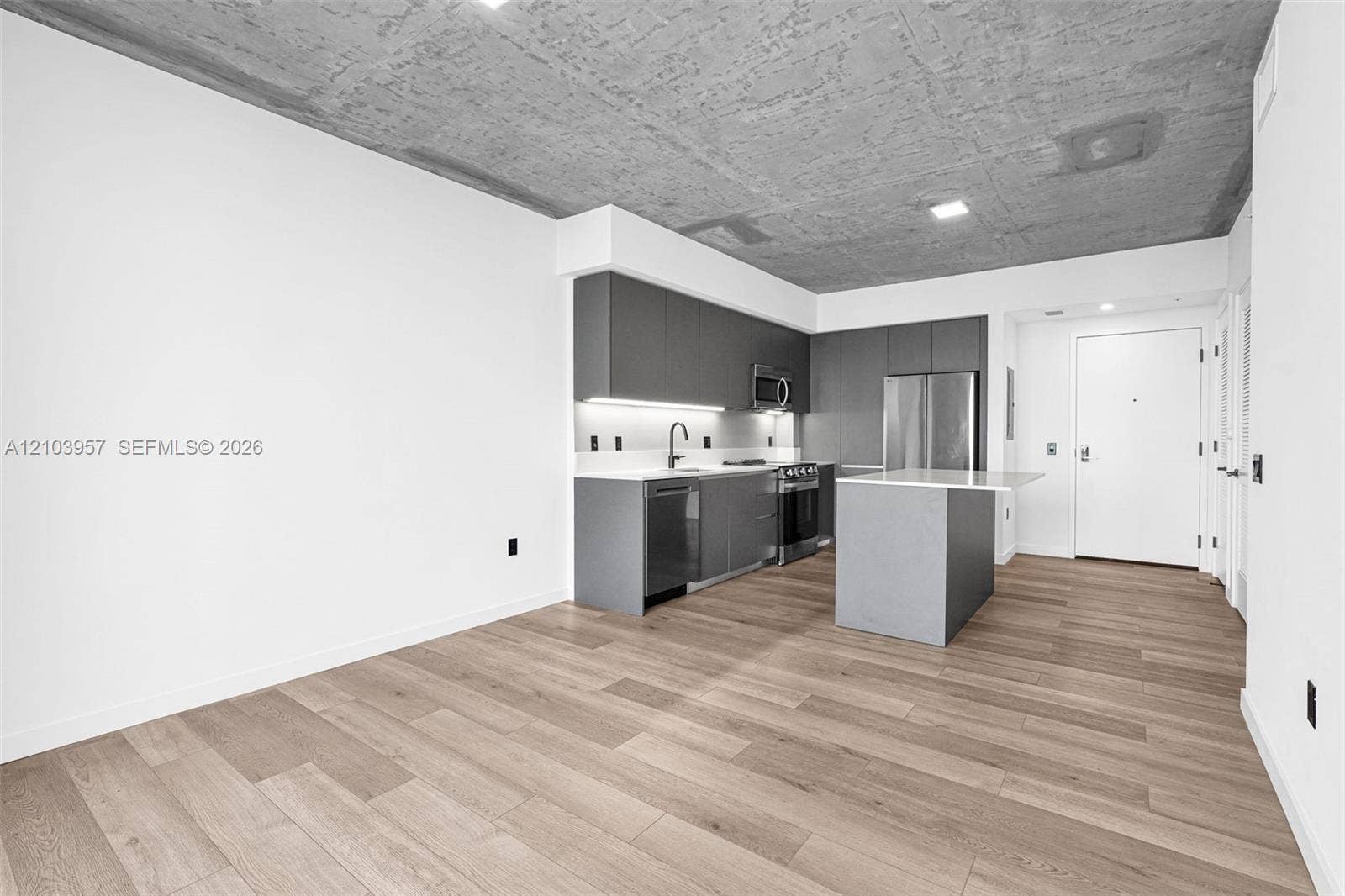 307 SW 5th Street, #0, Fort Lauderdale, Fort Lauderdale, FL 33315 Open-concept living space with wood-finish flooring, a modern kitchen island, dark flat-panel cabinetry, stainless steel appliances, and concrete ceilings