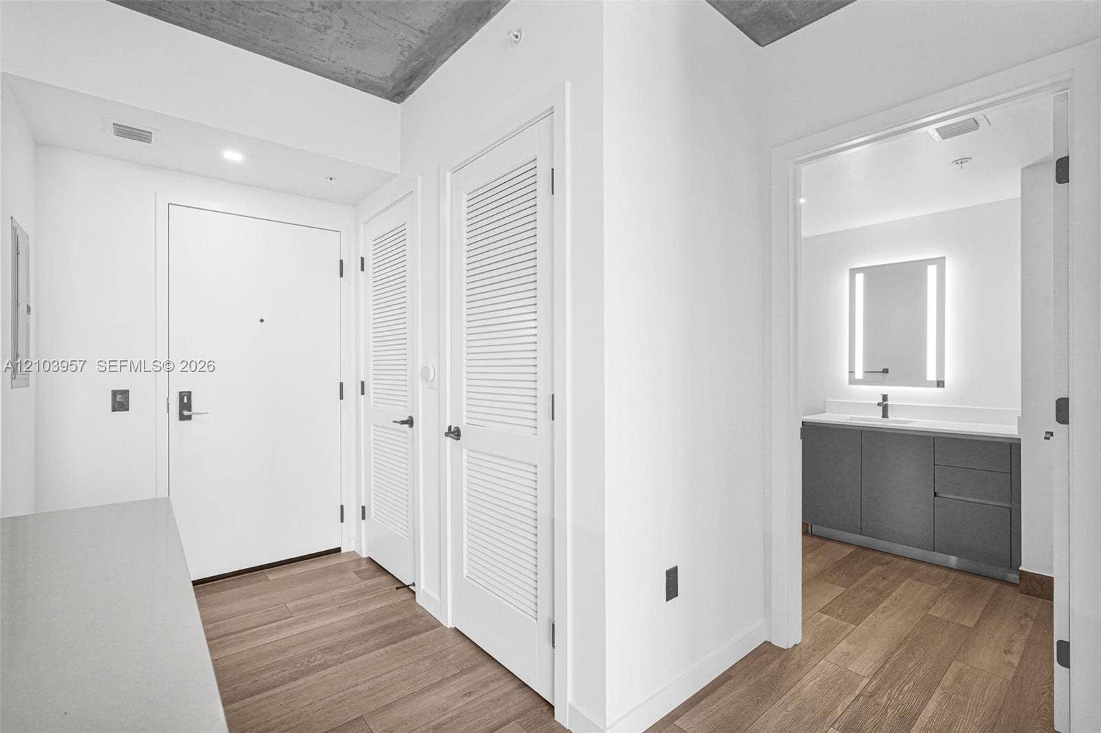 307 SW 5th Street, #0, Fort Lauderdale, Fort Lauderdale, FL 33315 Wood-finish flooring throughout, white interior doors, and a bathroom featuring a modern vanity with a rectangular sink and an illuminated mirror