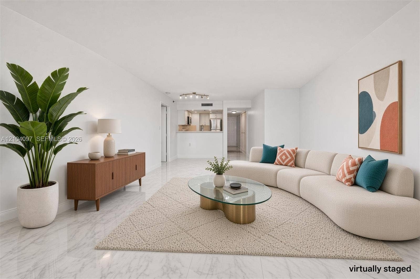 540 Brickell Key Drive, #916, Miami, Miami, FL 33131 Open-concept living area featuring light-toned stone-pattern flooring, neutral wall finishes, and a breakfast bar