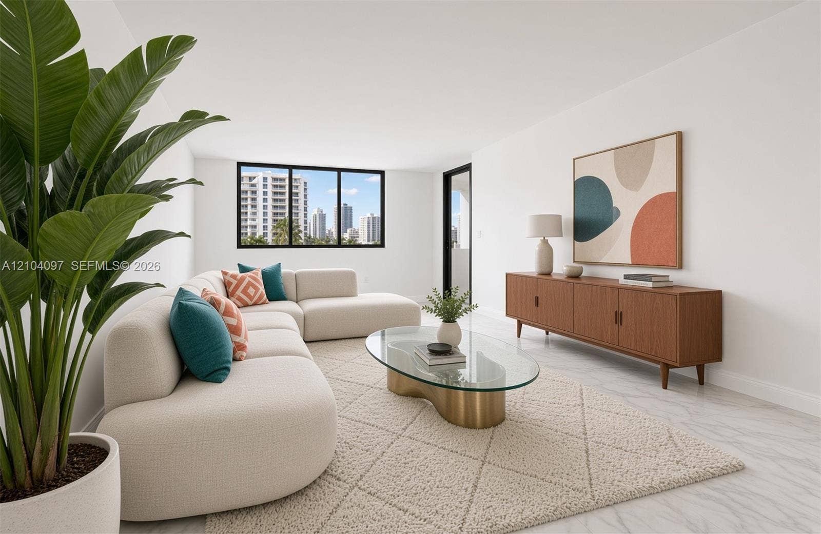540 Brickell Key Drive, #916, Miami, Miami, FL 33131 Neutral-toned interior featuring large-format tile flooring, expansive windows, and crisp white wall finishes