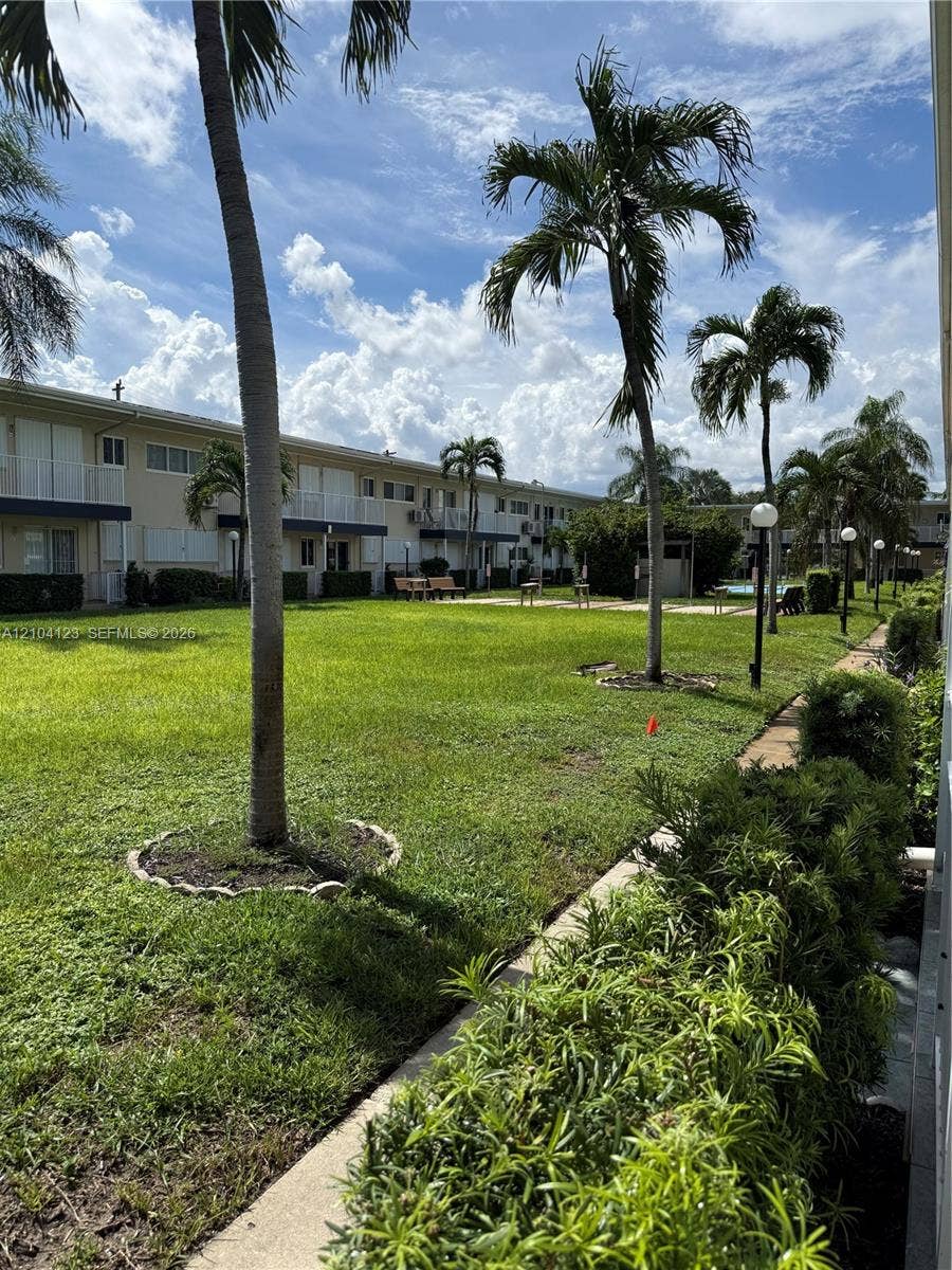 Manicured green space with established palm trees and lush landscaping
