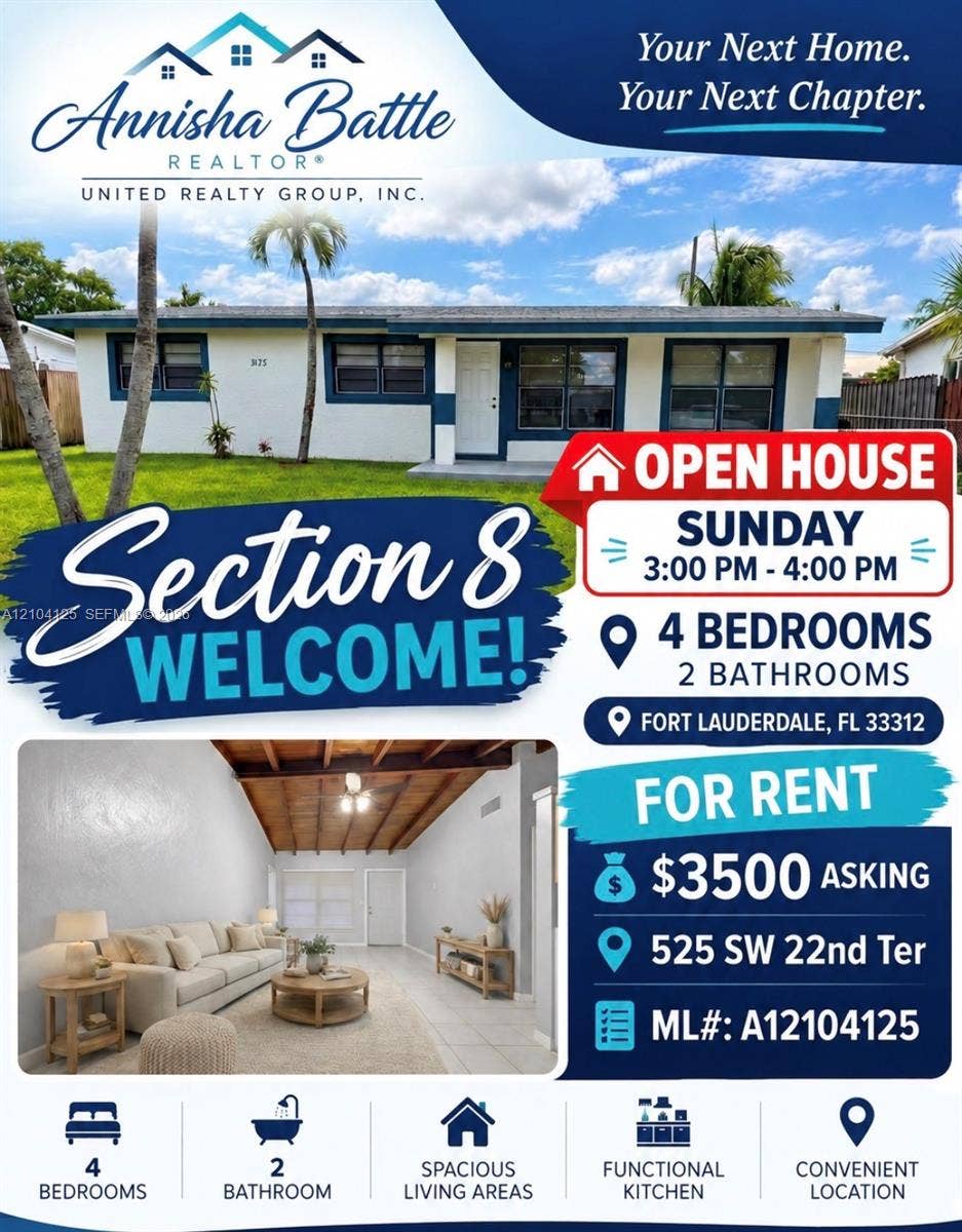 525 SW 22nd Terrace, Fort Lauderdale, Fort Lauderdale, FL 33312 Real Estate Marketing Flyer. Summarizing lease specifications, physical attributes, and scheduled viewing hours for the property
