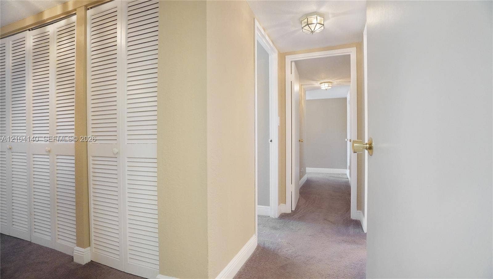 111 N Pompano Beach Boulevard, #304, Pompano Beach, FL 33062 Hallway featuring wall-to-wall carpeting, floor-to-ceiling louvered closet doors, and flush-mount ceiling lighting fixtures