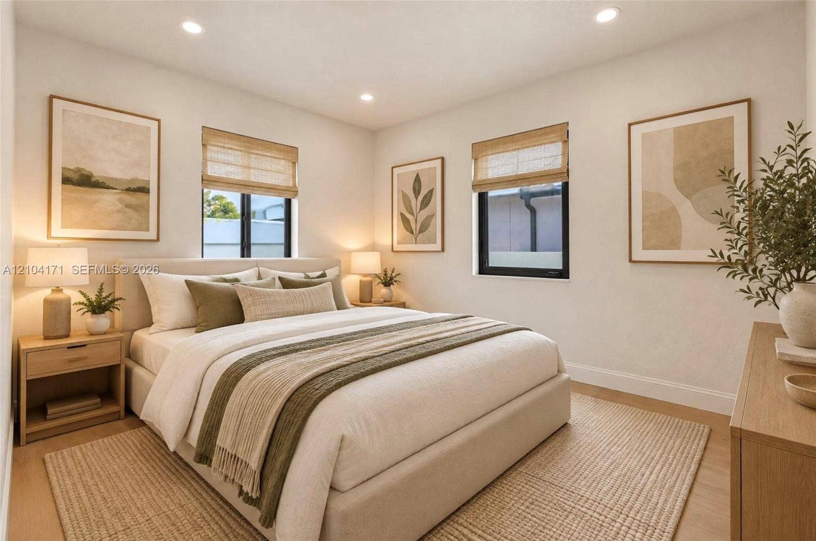 745 NW 32nd Avenue, Miami, FL 33125 Neutral-toned interior featuring recessed lighting, two windows with black frames, and light wood-finish flooring