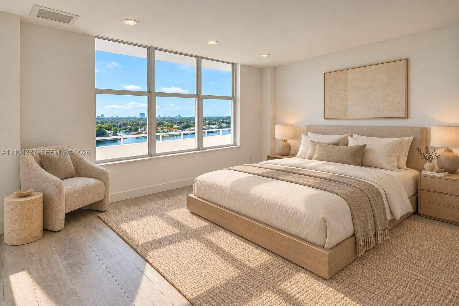 Versatile Den / Guest Suite  Virtually staged to illustrate two possible uses of the space: a private home office or guest bedroom. Floor-to-ceiling sliding glass panels allow for an open or enclosed layout.