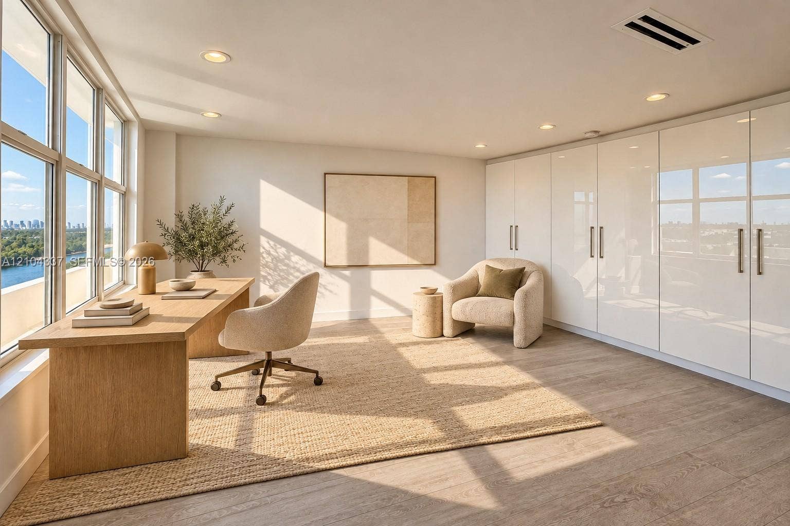 Versatile Den / Guest Suite  Virtually staged to illustrate two possible uses of the space: a private home office or guest bedroom. Floor-to-ceiling sliding glass panels allow for an open or enclosed layout.