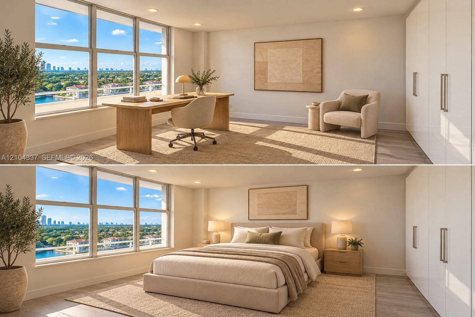 Versatile Den / Guest Suite  Virtually staged to illustrate two possible uses of the space: a private home office or guest bedroom. Floor-to-ceiling sliding glass panels allow for an open or enclosed layout.