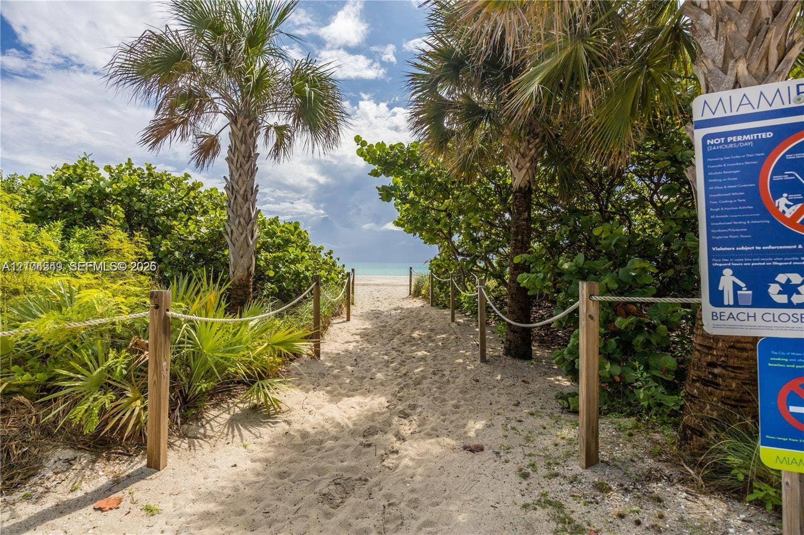 5055 Collins Avenue, #12F, Miami Beach, FL 33140 Sandy pathway bordered by lush tropical foliage and palm trees, leading to an expanse of sand and ocean