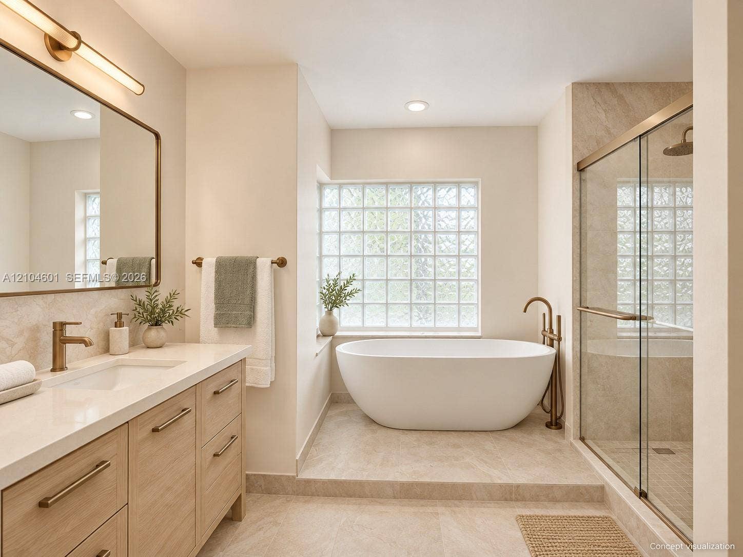 Bathroom featuring a wood-finish vanity with a light-toned countertop, a freestanding soaking tub, a glass-enclosed shower with tiled walls, and a glass block window