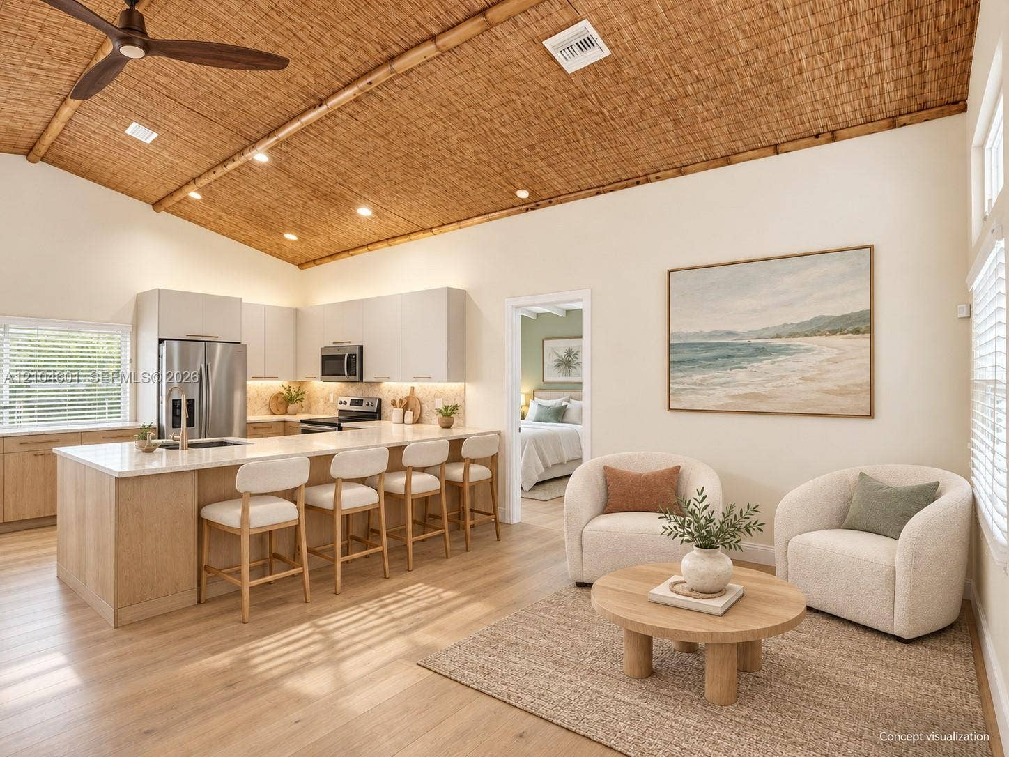 Vaulted ceilings with woven natural texture, light-toned wood-finish flooring, and a kitchen island with stone countertops