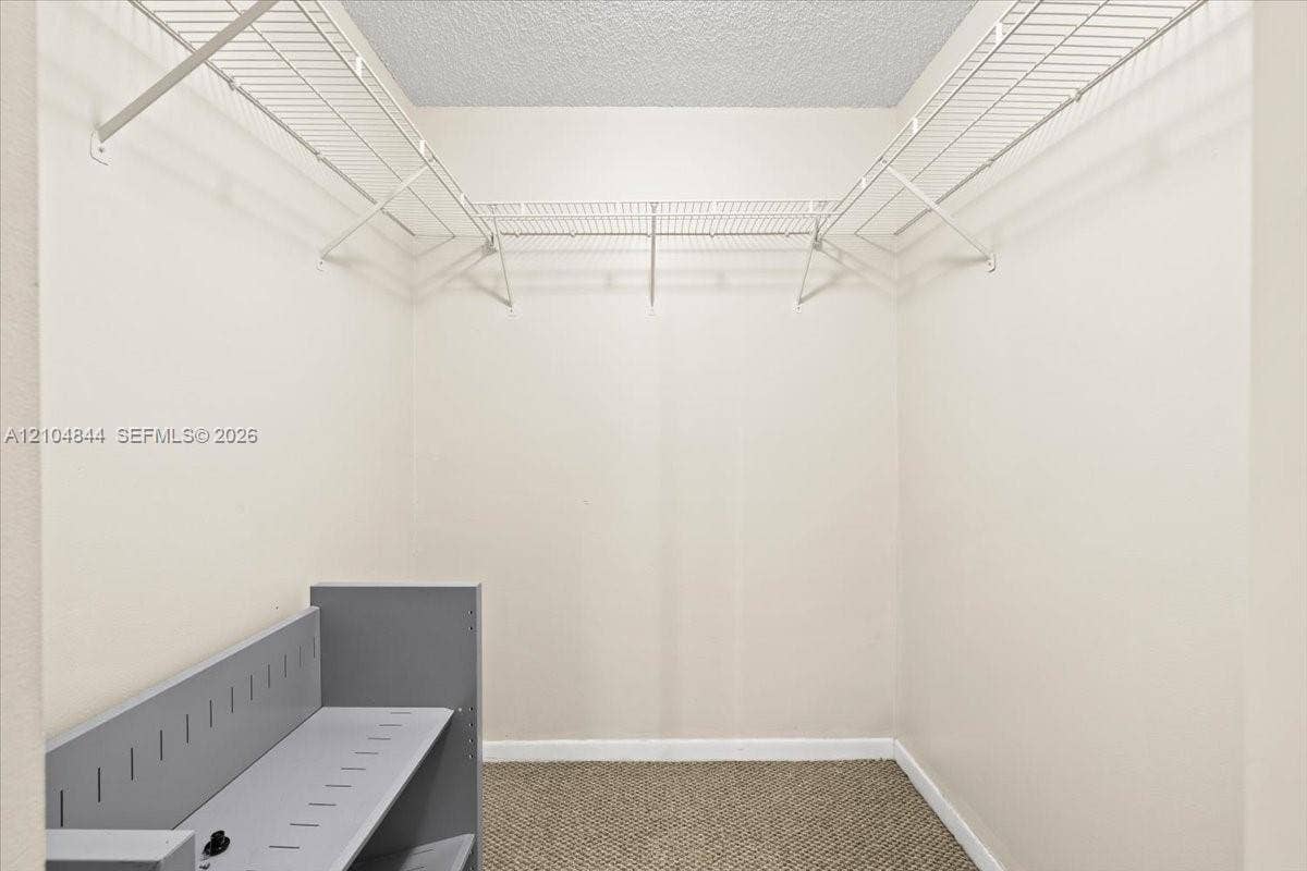 1216 NW 51st Way, Deerfield Beach, FL 33442 Walk-in closet featuring white wire shelving, neutral carpeting, and a built-in grey organizational unit
