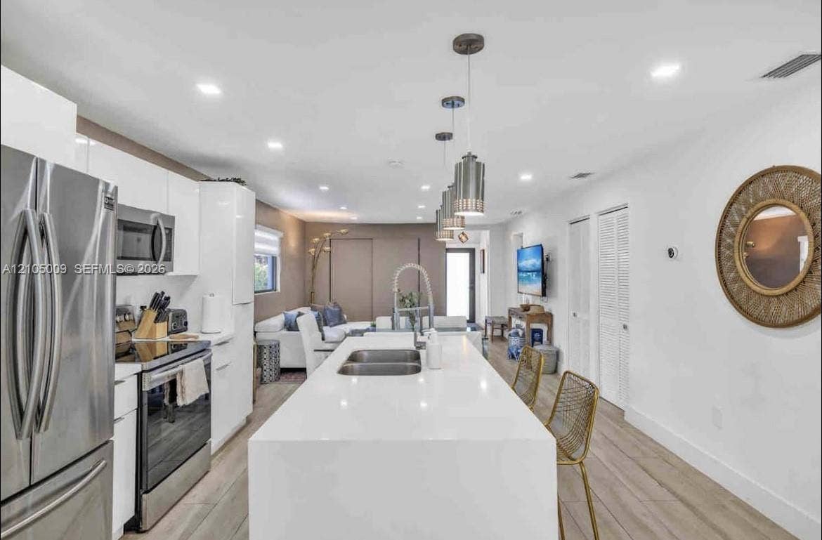 254 NW 51st Street, Miami, Miami, FL 33127 Modern kitchen featuring a waterfall island with an undermount double sink, stainless steel appliances, white flat-panel cabinetry, and wood-finish flooring