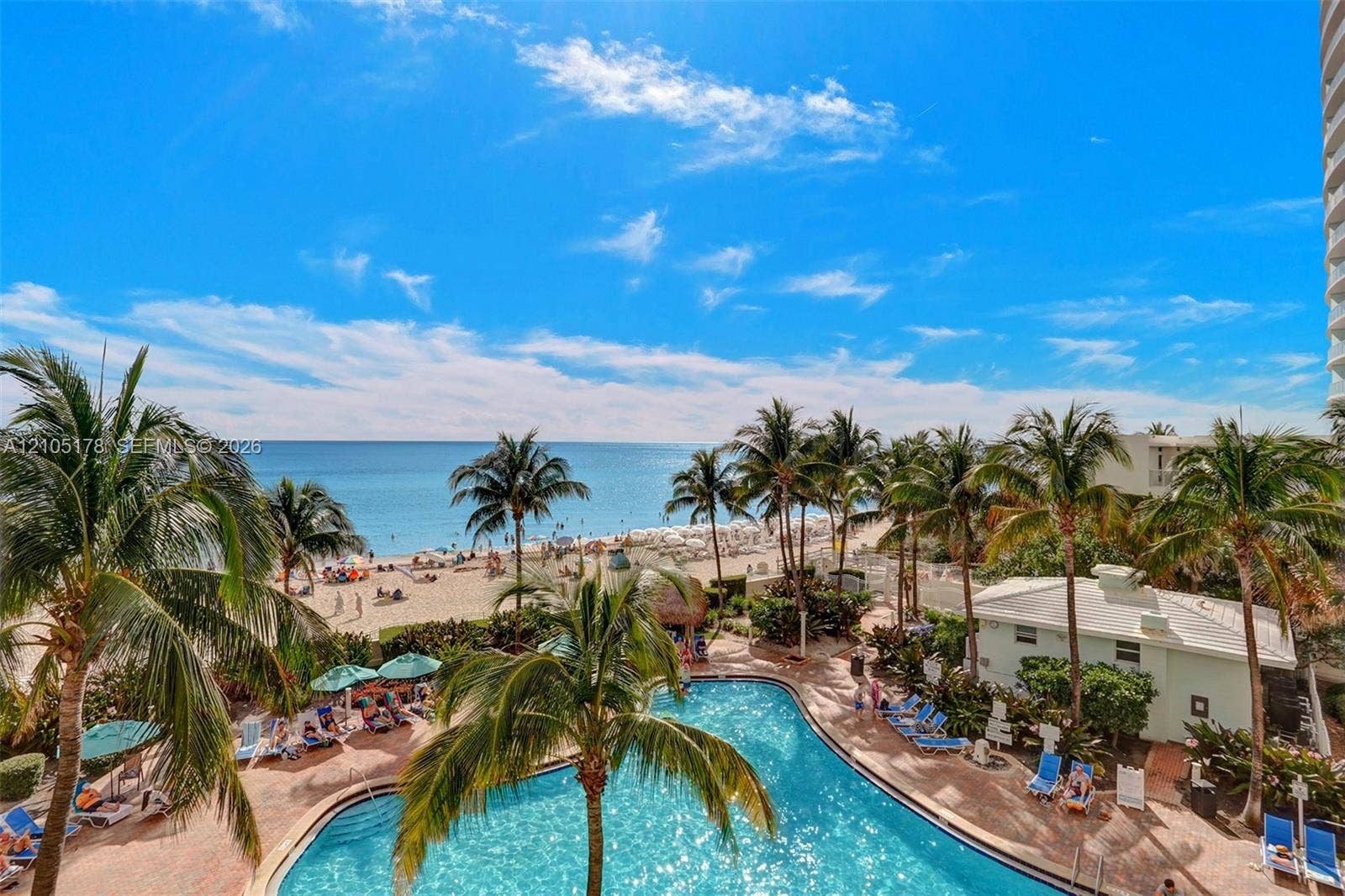 3801 S Ocean Drive, #10G, Hollywood, Hollywood, FL 33019 Outdoor swimming pool with stone-finish decking, surrounded by mature palm trees, positioned against a backdrop of the coastline and sandy beach