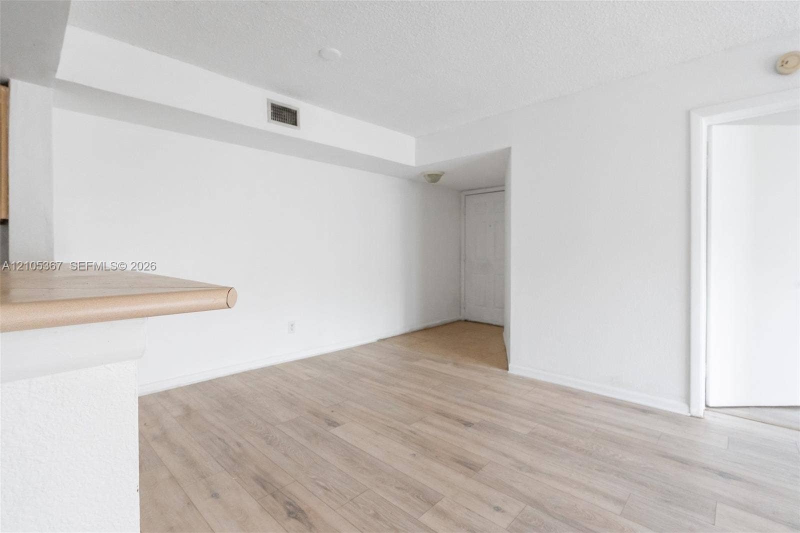 9066 W Atlantic Boulevard, #412, Coral Springs, FL 33071 Interior space featuring light-toned wood-finish flooring, neutral wall paint, and a built-in counter surface with a rounded edge