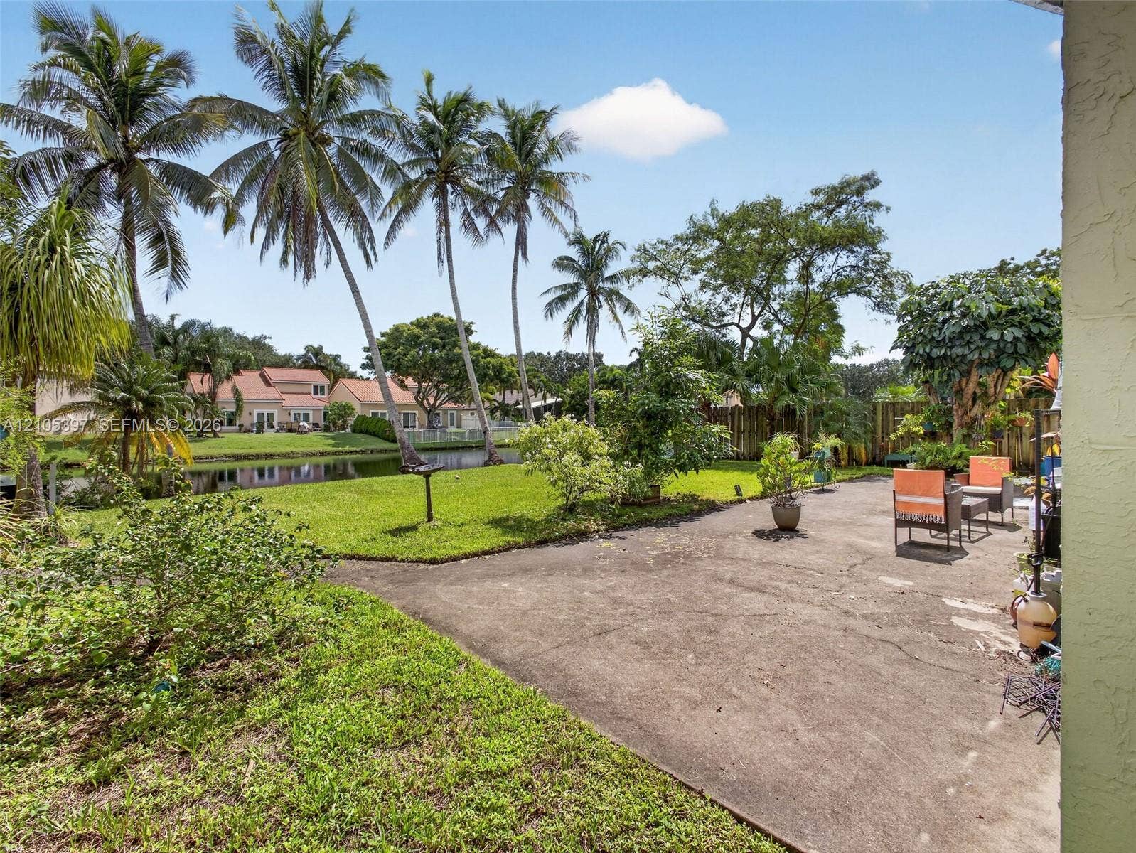 Backyard featuring a concrete patio, grassy lawn, established palm trees, and waterfront canal access
