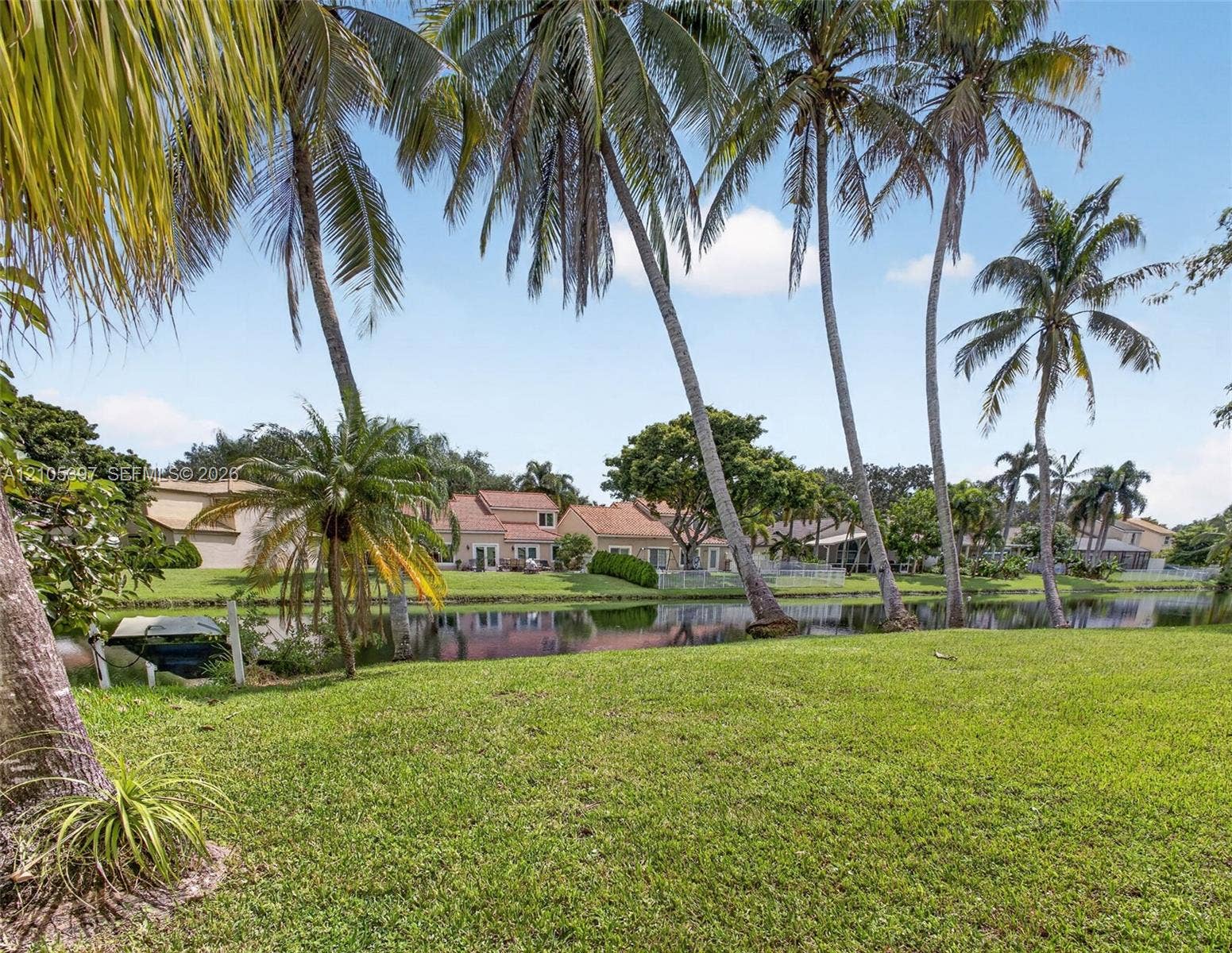 Expansive lawn featuring mature palm trees and direct waterfront frontage