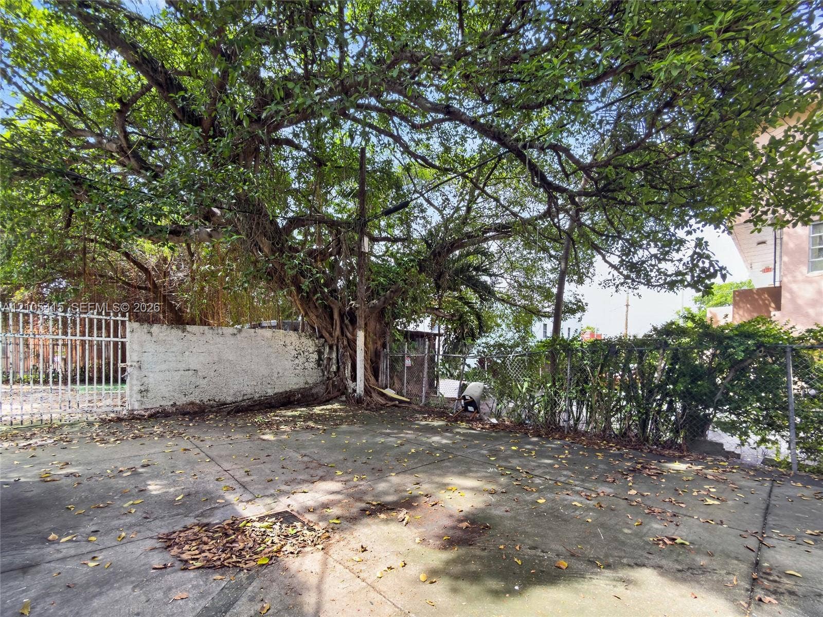967 SW 5th Street, #11, Miami, Miami, FL 33130 Concrete patio area featuring a masonry perimeter wall, mature tree canopy, and chain-link fencing