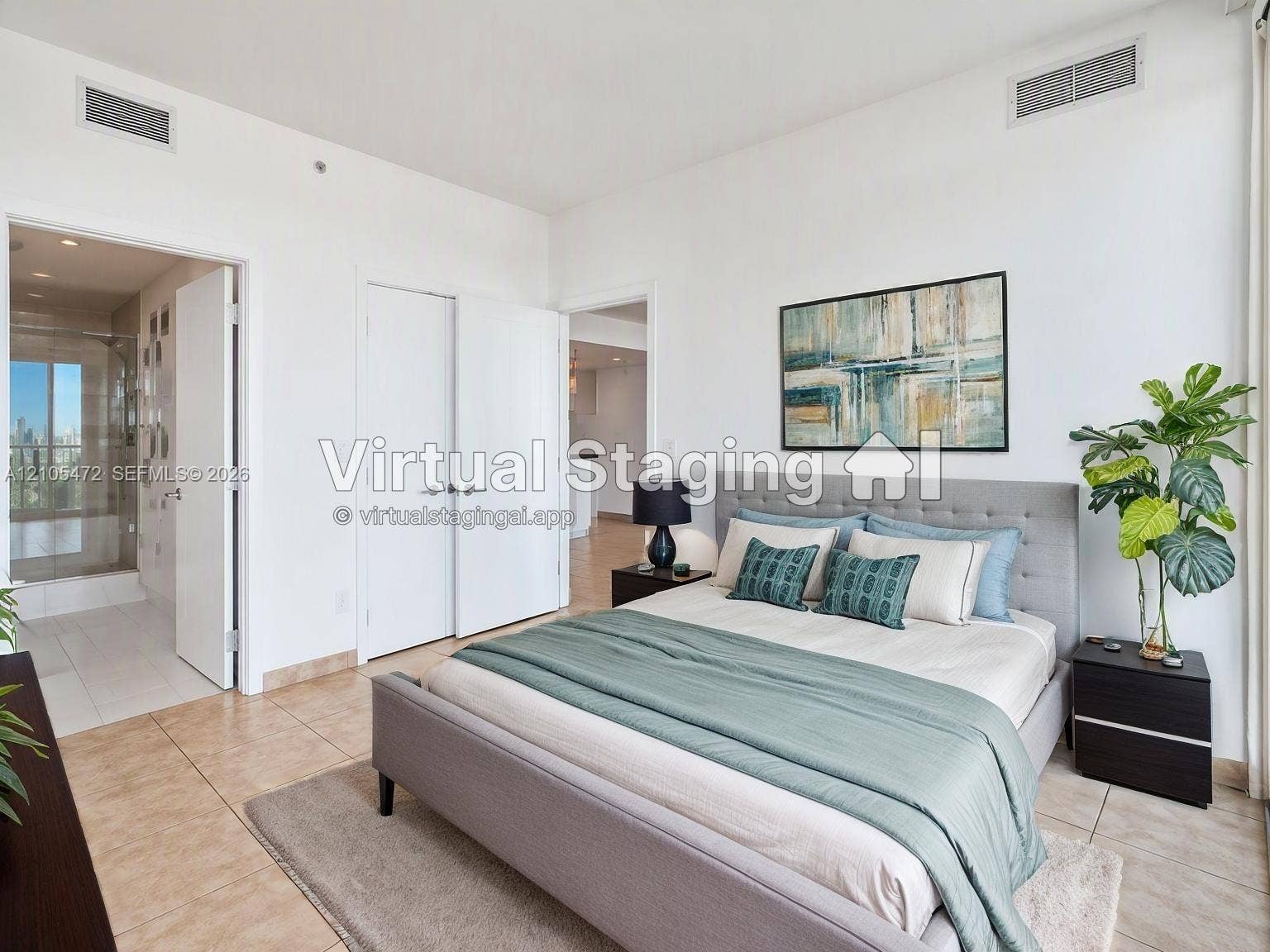 888 Biscayne Boulevard, #811, Miami, FL 33132 Neutral-toned room with tile flooring, high ceilings, recessed lighting, and double-door closet storage