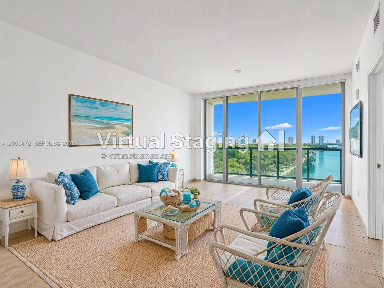 888 Biscayne Boulevard, #811, Miami, FL 33132 Living area featuring expansive floor-to-ceiling glass sliding doors, neutral tile flooring, and a glass-paneled balcony railing with water and urban scenery- AI Staging Example