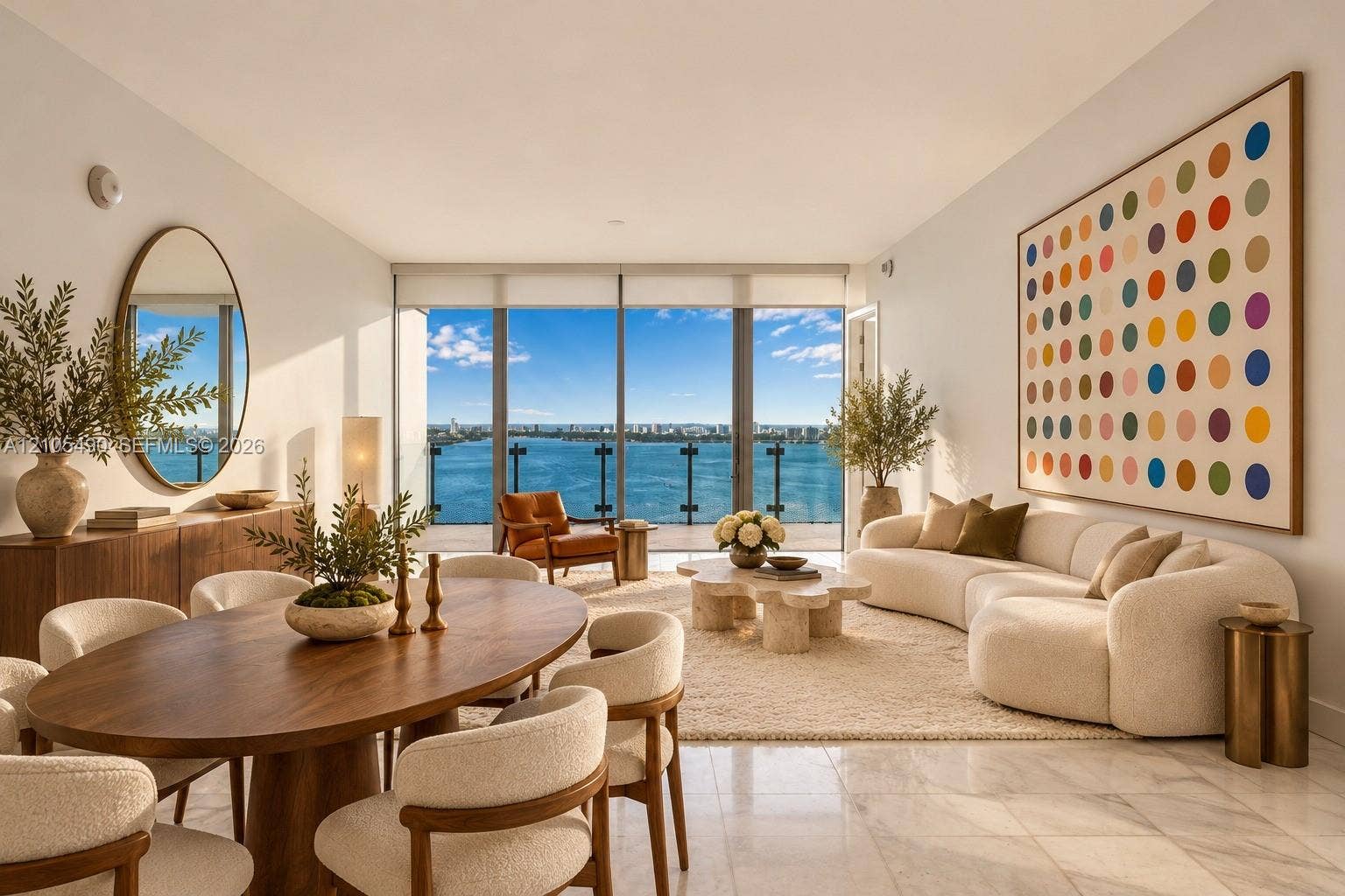 700 NE 26th Terrace, #3603, Miami, FL 33137 Floor-to-ceiling glass windows, stone flooring, balcony with glass railing, and water backdrop