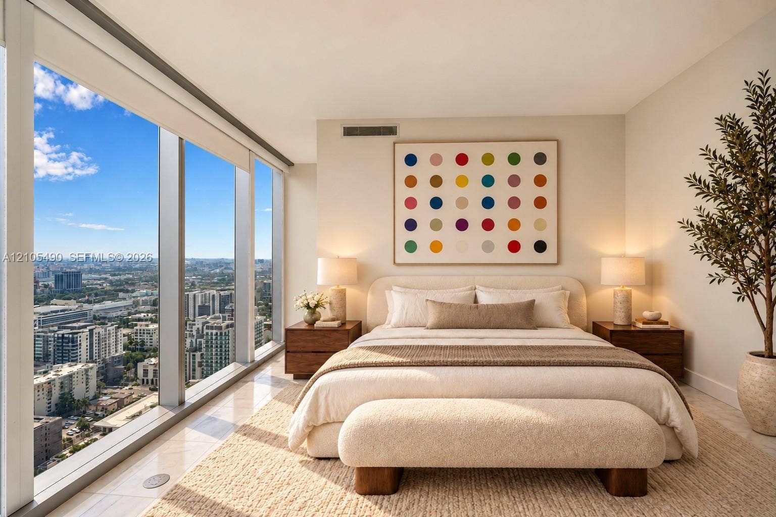 700 NE 26th Terrace, #3603, Miami, FL 33137 Floor-to-ceiling windows, neutral interior wall palette, stone-finish flooring, and expansive urban skyscape