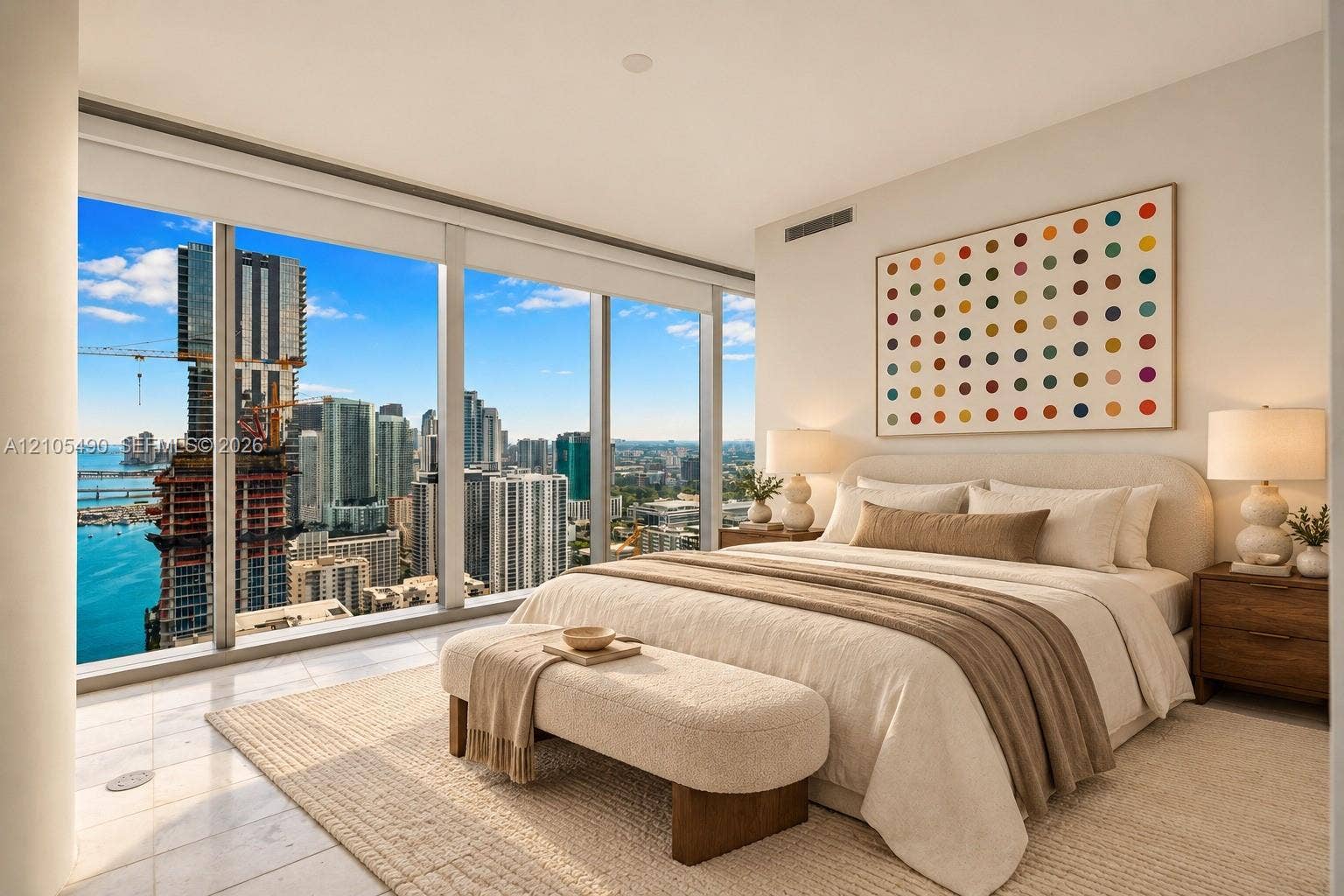 700 NE 26th Terrace, #3603, Miami, FL 33137 Floor-to-ceiling windows, neutral tile flooring, and urban water scenery