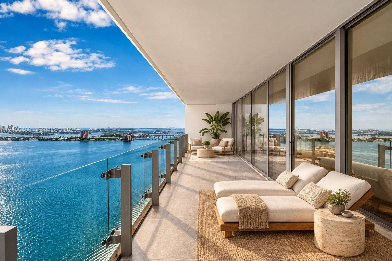 700 NE 26th Terrace, #3603, Miami, FL 33137 Expansive terrace featuring large-format stone flooring, a transparent glass panel railing, and full-height sliding glass doors