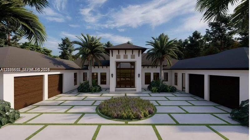 Modern exterior featuring a prominent two-story entry, expansive paver driveway, and integrated two-car garages