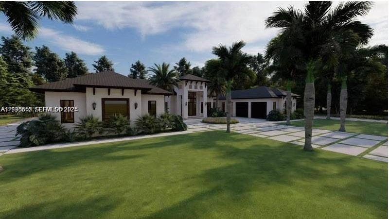 Contemporary stucco exterior, dark roof, expansive lawn, geometric paver driveway, and mature palm trees