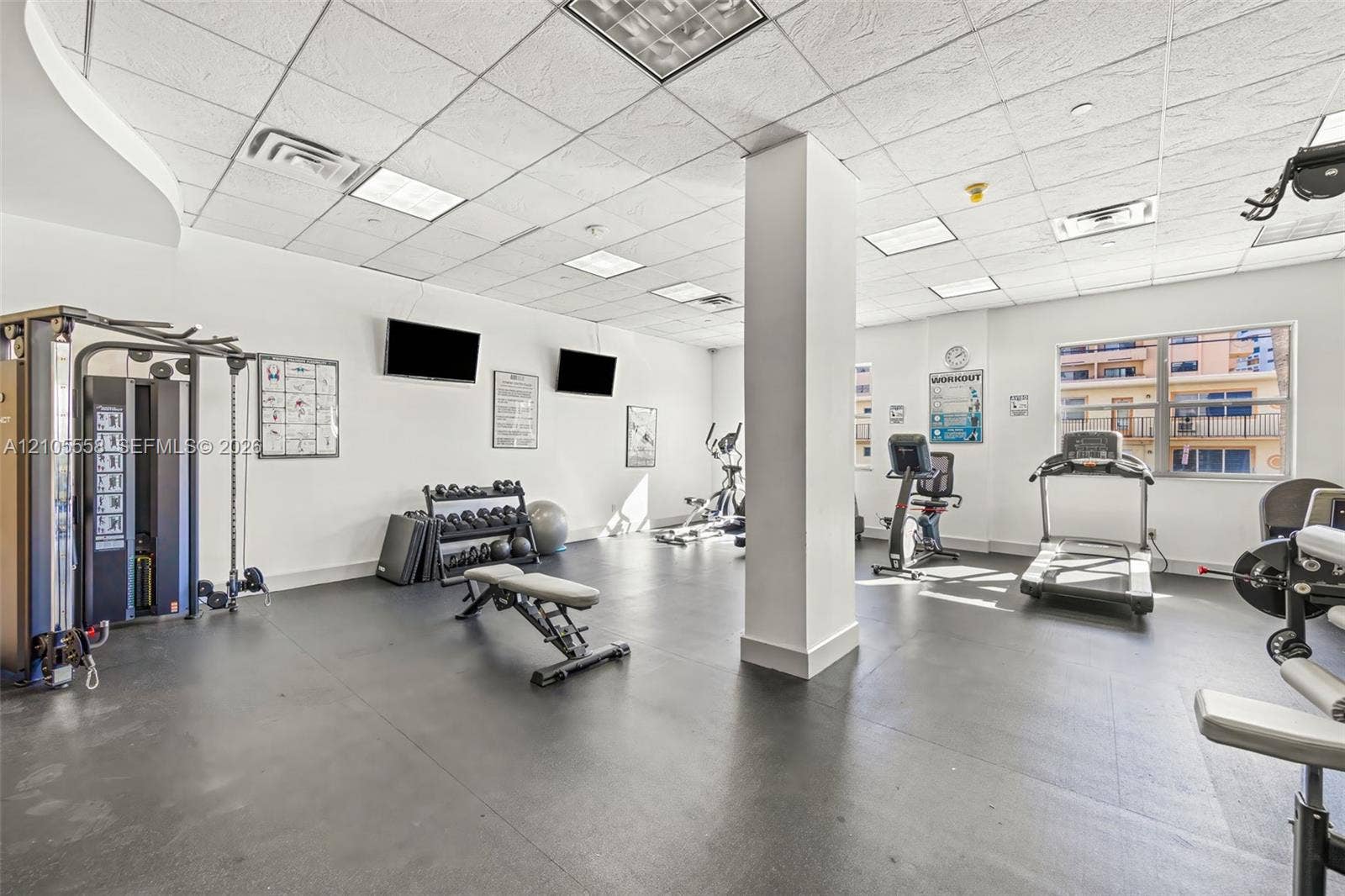 Fitness area featuring a multi-station cable machine, an assortment of free weights, exercise benches, and cardio equipment