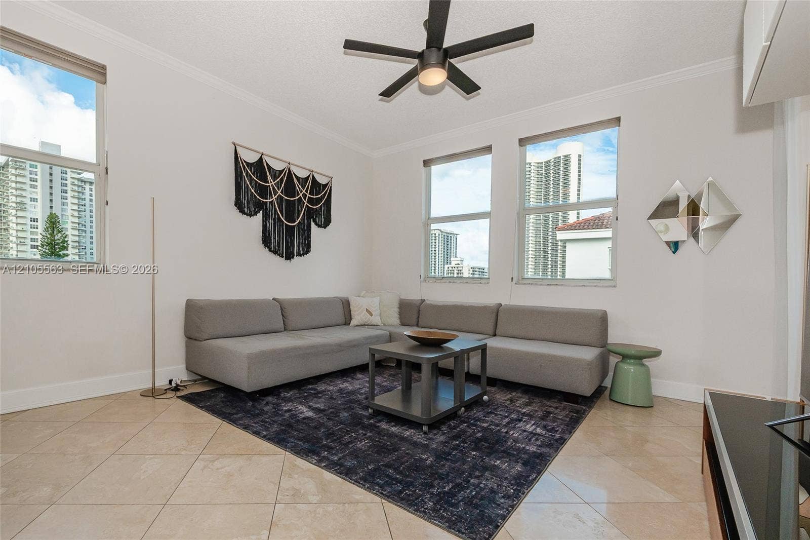 17145 N Bay Road, #4613, Sunny Isles Beach, Sunny Isles Beach, FL 33160 Recessed lighting, tile flooring, and a ceiling fan with integrated lighting