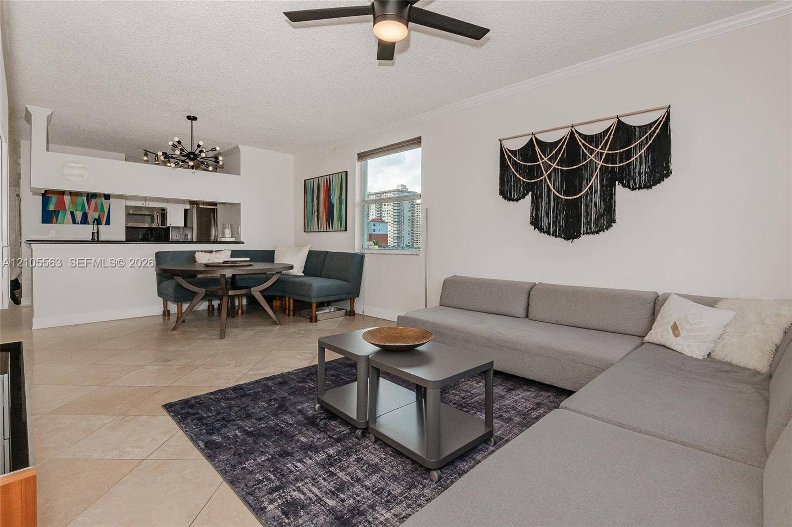 17145 N Bay Road, #4613, Sunny Isles Beach, Sunny Isles Beach, FL 33160 Open-concept living area with tile flooring and a ceiling fan
