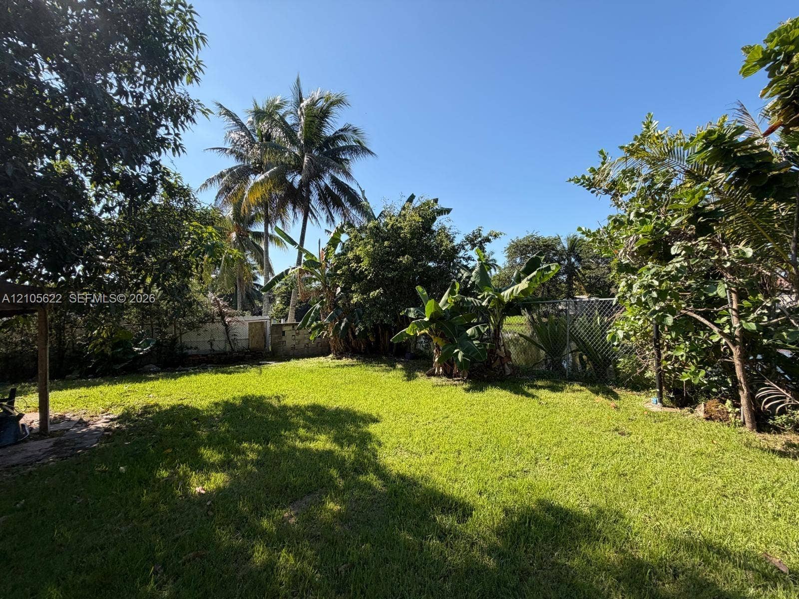 9728 Little River Drive, Miami, FL 33147 Backyard featuring a manicured lawn, established perimeter vegetation, palm trees, and perimeter fencing