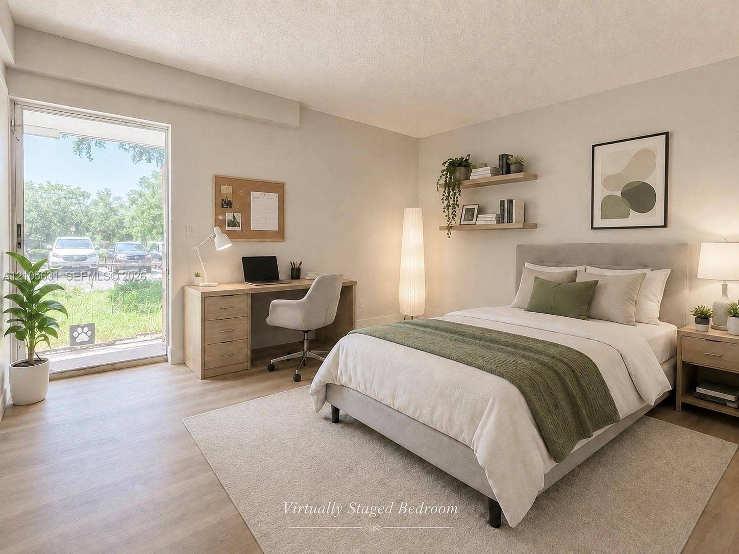 610 NW 13th Street, #0140, Boca Raton, FL 33486 Neutral-toned living space featuring light wood-finish flooring, wall-mounted wood floating shelves, and a sliding glass door providing natural light